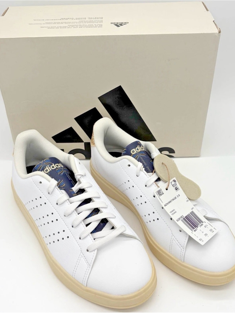 adidas Rio Advantage 2.0 White Sneakers with Cream Sole and Navy Tongue